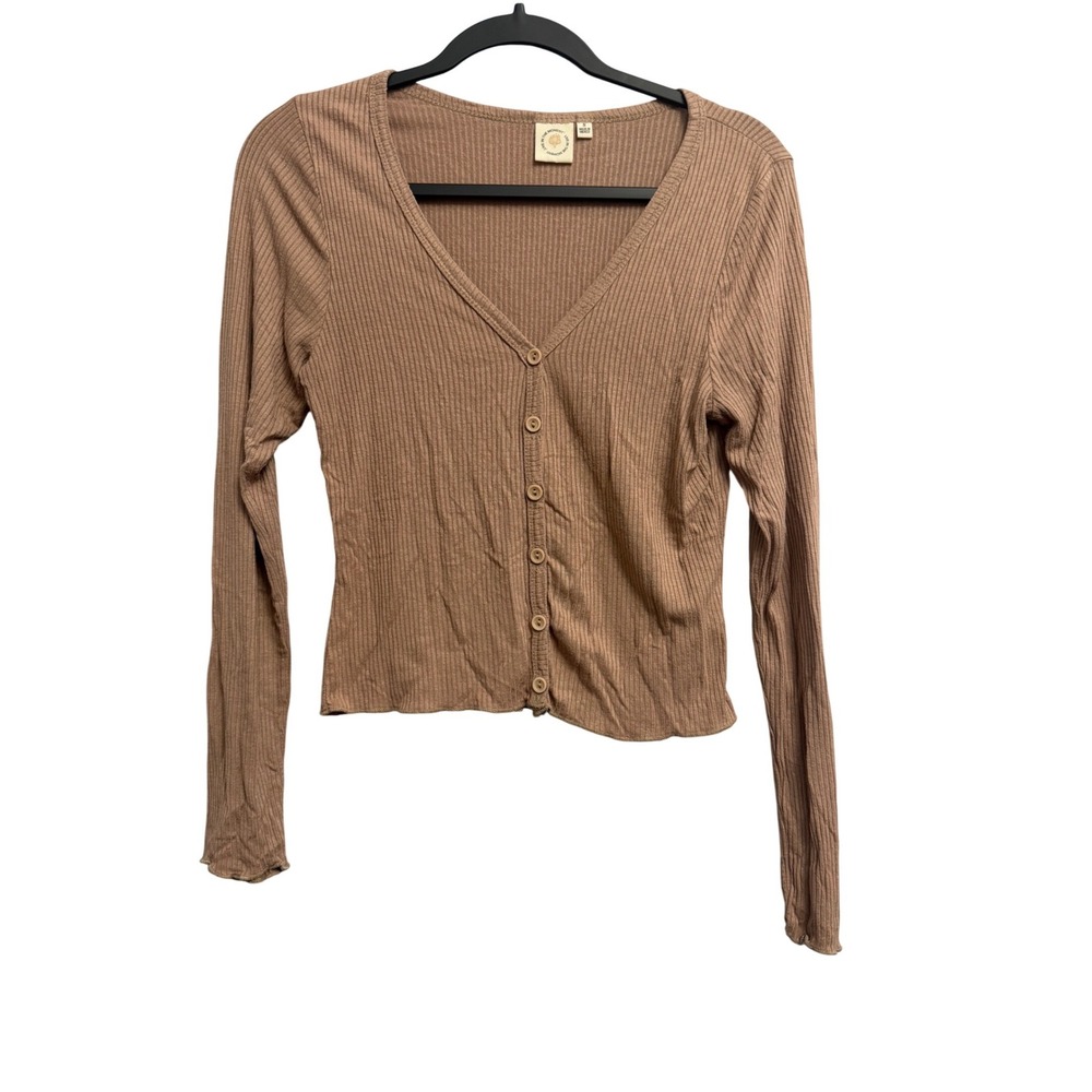Live In The Moment Tan Brown Ribbed Button Down Cardigan Top Small Small Flaw